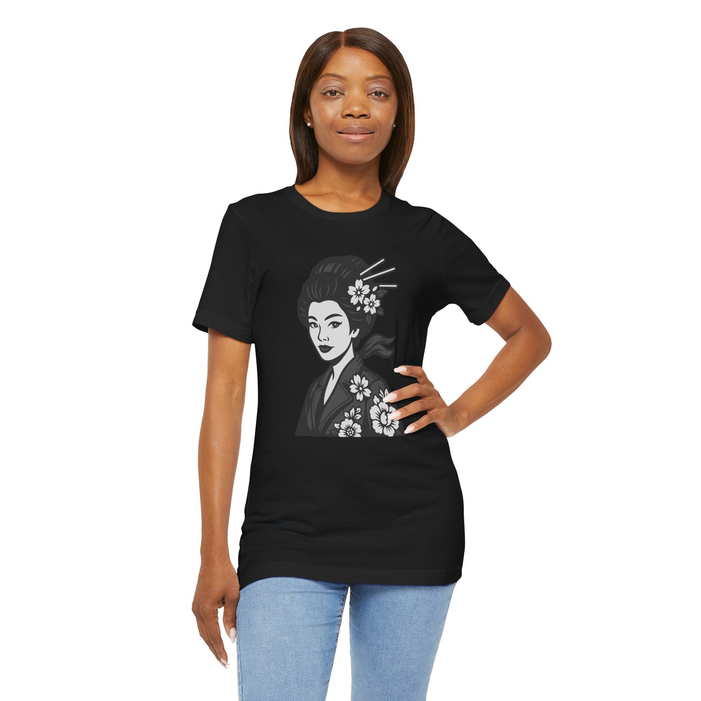 Floral Geisha Graphic Tee Dark Theme – Elegant Vector Portrait with Modern Ghost Effect