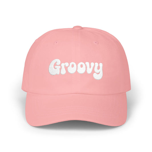 Groovy Classic Dad Hat – Retro Embroidered Hat with 70s Style Font for Funky Vibes, Chill Days, and Vintage Cool. White Letters