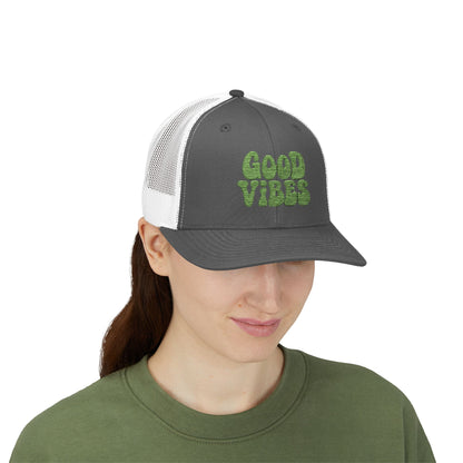 Good Vibes Trucker Hat – Embroidered Retro Text Hat for Positive Vibes, Chill Style, and Everyday Feel-Good Energy. Green Letters