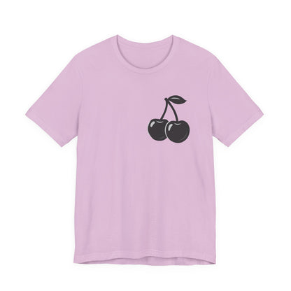 Dark Cherry Graphic T-Shirt – Minimal Dark Theme Grayscale Fruit Design on Black Tee with Subtle Style and Modern Ghost Effect. Unisex Jersey Short Sleeve Tee