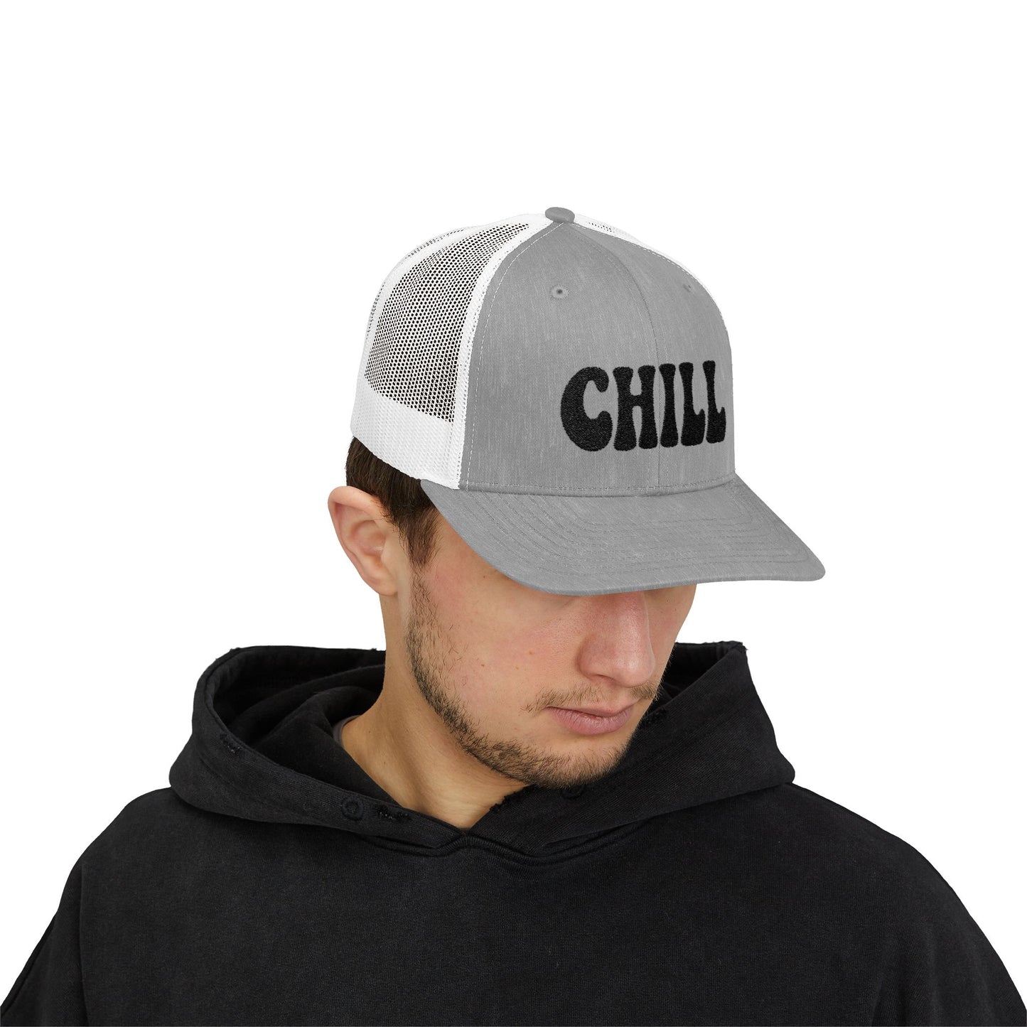 Chill Trucker Hat – Embroidered Relaxed Script Hat for Easygoing Vibes and Everyday Cool. Black Letters