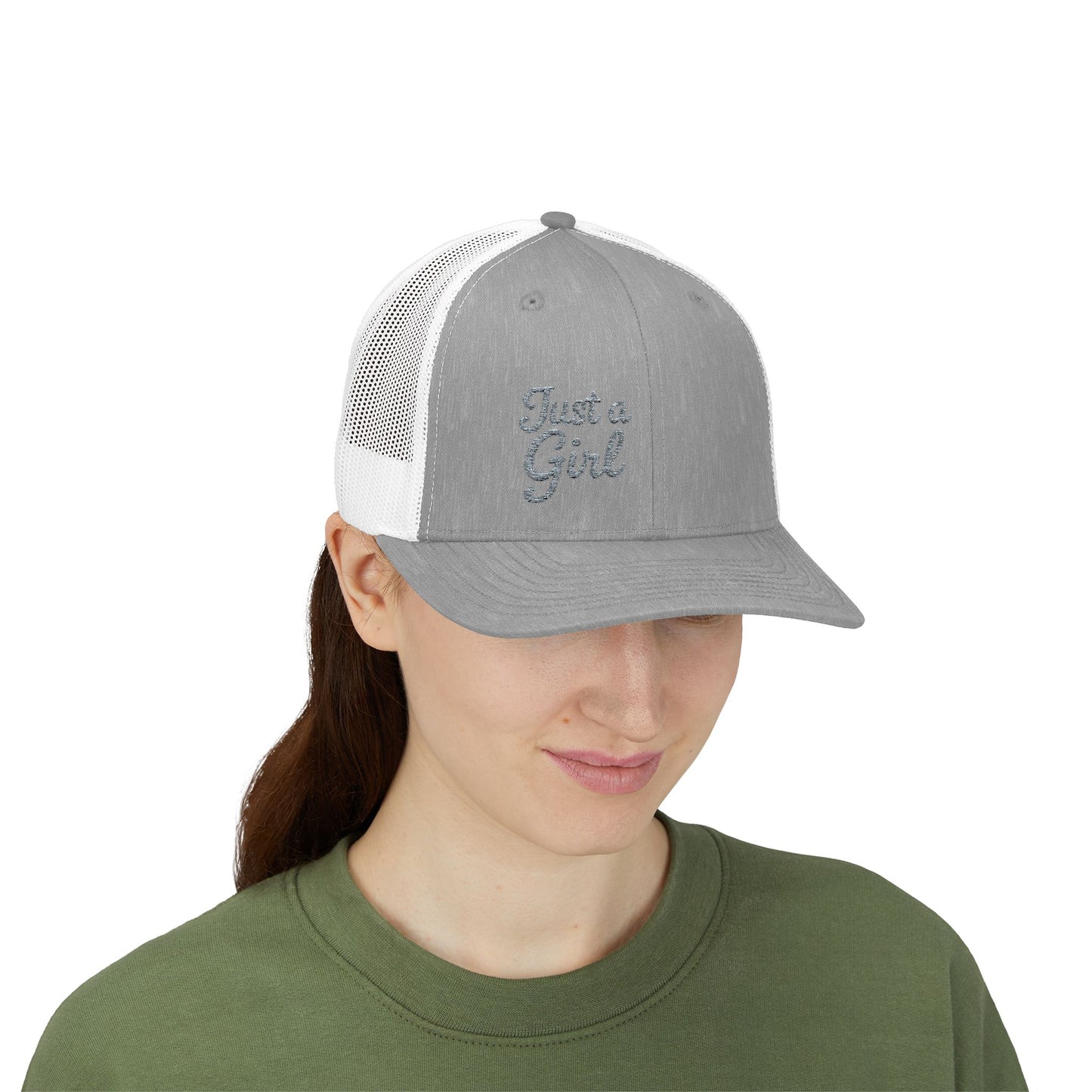 Just a Girl Trucker Hat – Minimalist Script Hat with Bold Feminine Energy and Classic Style. Grey Letters