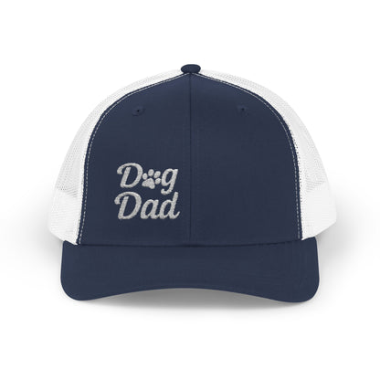 Dog Dad Trucker Hat – Embroidered Minimalist Dog Face Hat for Proud Pet Dads and Canine Companions. White Letters