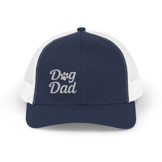 Dog Dad Trucker Hat – Embroidered Minimalist Dog Face Hat for Proud Pet Dads and Canine Companions. White Letters