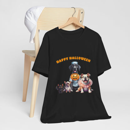 Happy Halloween Pet Parade Shirt – Cute Halloween Dogs and Cat in Costumes. Unisex Jersey Short Sleeve Tee