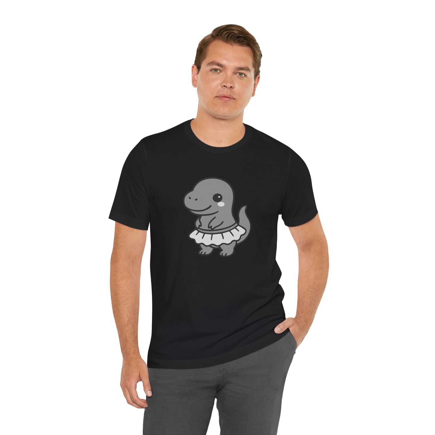 Kawaii T-Rex Dancer Graphic Tee Dark Theme – Cute Dinosaur in Skirt Vector Design