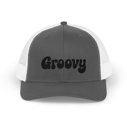 Groovy Trucker Hat – Retro Embroidered Hat with 70s Style Font for Funky Vibes, Chill Days, and Vintage Cool. Black Letters