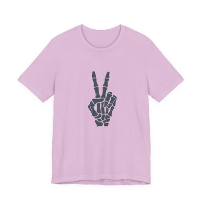 Skeleton Peace Hand Graphic T-Shirt – Gritty Dark Theme Grayscale Bones on Black Tee with Rebellious Calm and Modern Ghost Effect. Unisex Jersey Short Sleeve Tee