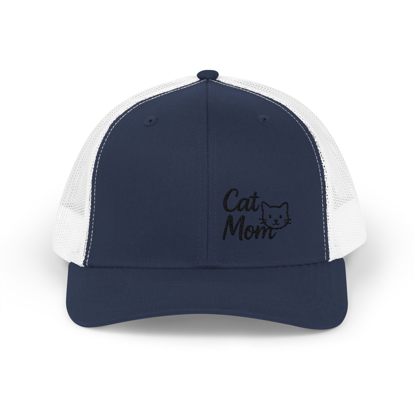 Cat Mom Trucker Hat – Embroidered Minimalist Cat Face Hat for Proud Pet Moms and Stylish Feline Fans. Black Letters