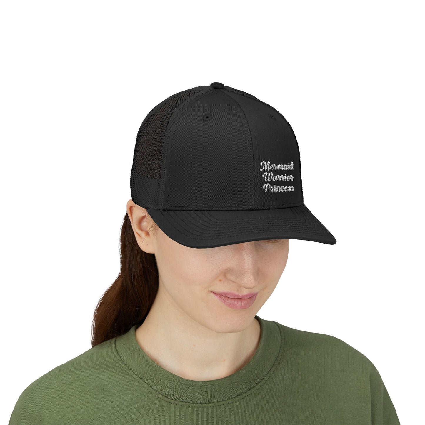 Mermaid Warrior Princess Trucker Hat – Embroidered Bold Text Hat for Magical Queens. White Letters
