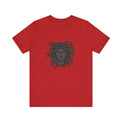 Medusa Graphic T-Shirt – Dark Theme Grayscale Snake-Haired Gorgon Design on Black Tee with Dark Myth Vibe and Modern Ghost Effect. Unisex Jersey Short Sleeve Tee