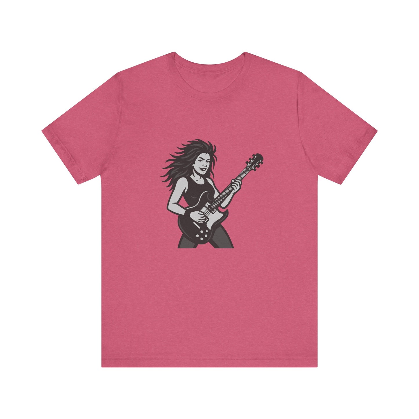Rock Guitar Girl Graphic T-Shirt – Dark Theme Grayscale Electric Guitarist Design on Black Tee with Music Attitude and Modern Ghost Effect. Unisex Jersey Short Sleeve Tee