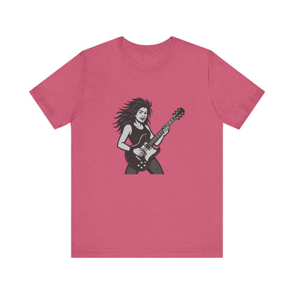 Rock Guitar Girl Graphic T-Shirt – Dark Theme Grayscale Electric Guitarist Design on Black Tee with Music Attitude and Modern Ghost Effect. Unisex Jersey Short Sleeve Tee