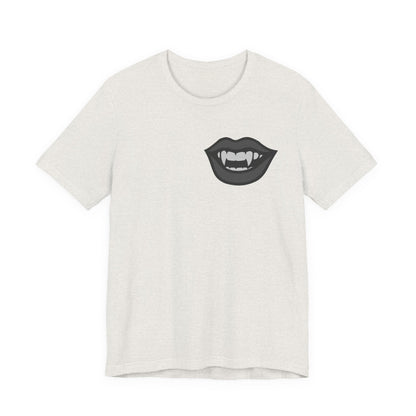 Vampire Mouth Graphic T-Shirt – Dark Theme Grayscale Fanged Lips on Black Tee with Gothic Bite and Modern Ghost Effect. Unisex Jersey Short Sleeve Tee