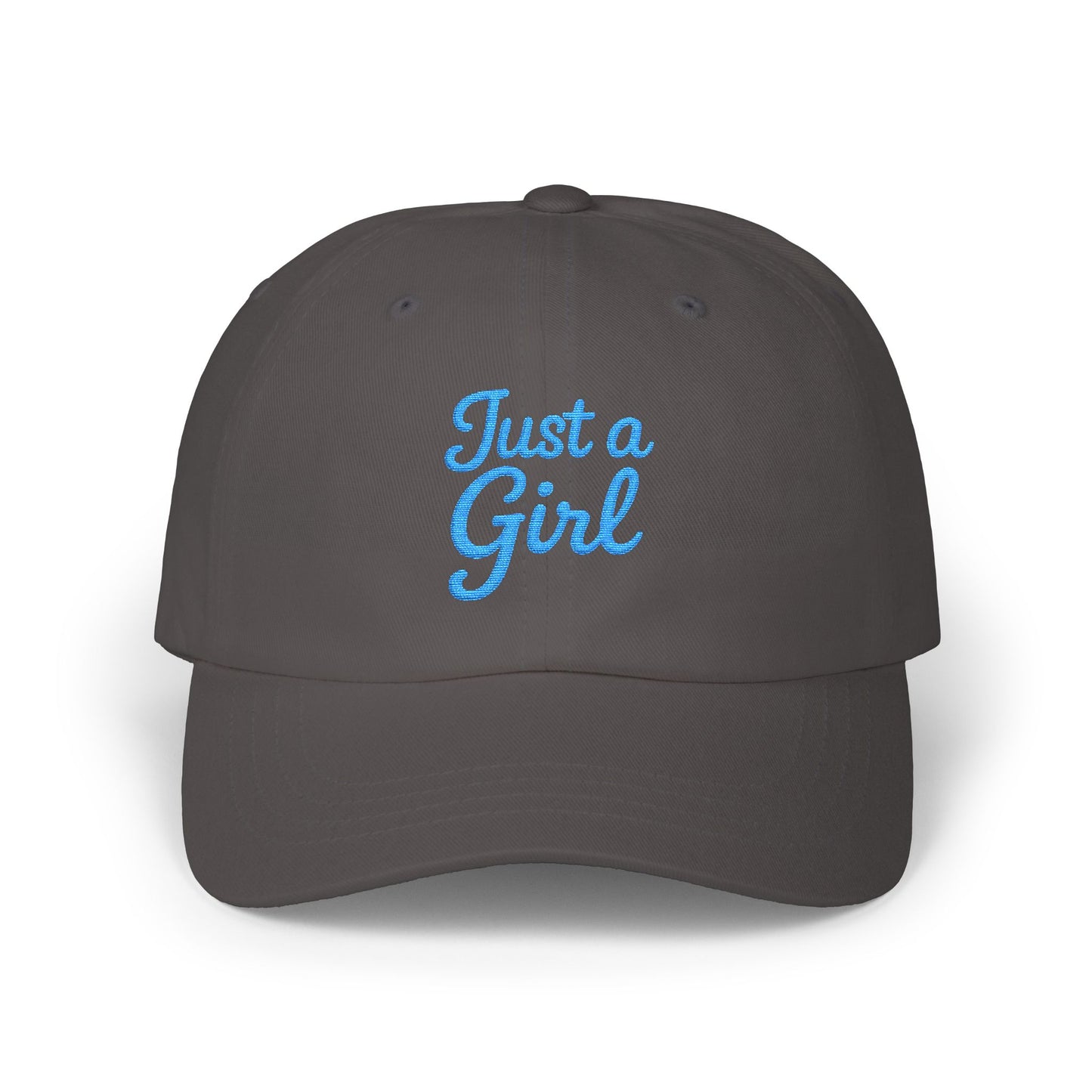 Just a Girl Embroidered Classic Dad Hat – Minimalist Script Baseball Hat with Bold Feminine Energy and Classic Style. Blue Letters