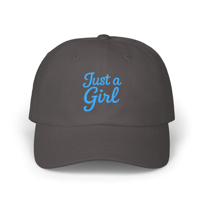 Just a Girl Embroidered Classic Dad Hat – Minimalist Script Baseball Hat with Bold Feminine Energy and Classic Style. Blue Letters