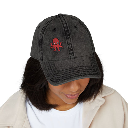 Angry Octopus Vintage Hat – Embroidered Red Sea Creature Hat with Cartoon Vibes and Bold Attitude