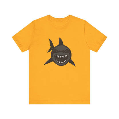 Ferocious Shark Face Graphic Tee with a Bold Bite – Dark Theme Ocean Predator Shirt in Black and Grey. Unisex Jersey Short Sleeve Tee