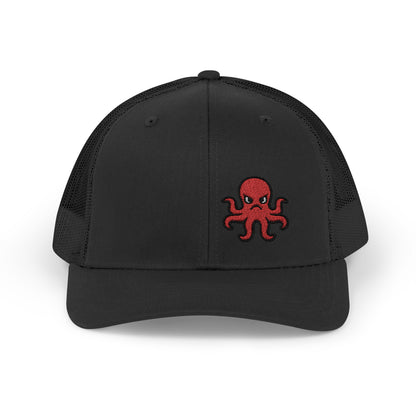 Angry Octopus Trucker Hat – Embroidered Red Sea Creature Hat with Cartoon Vibes and Bold Attitude