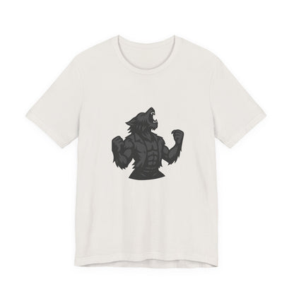Werewolf Transformation T-Shirt – Dark Theme Grayscale Muscular Monster Design on Black Tee with Savage Energy and Modern Ghost Effect. Unisex Jersey Short Sleeve Tee