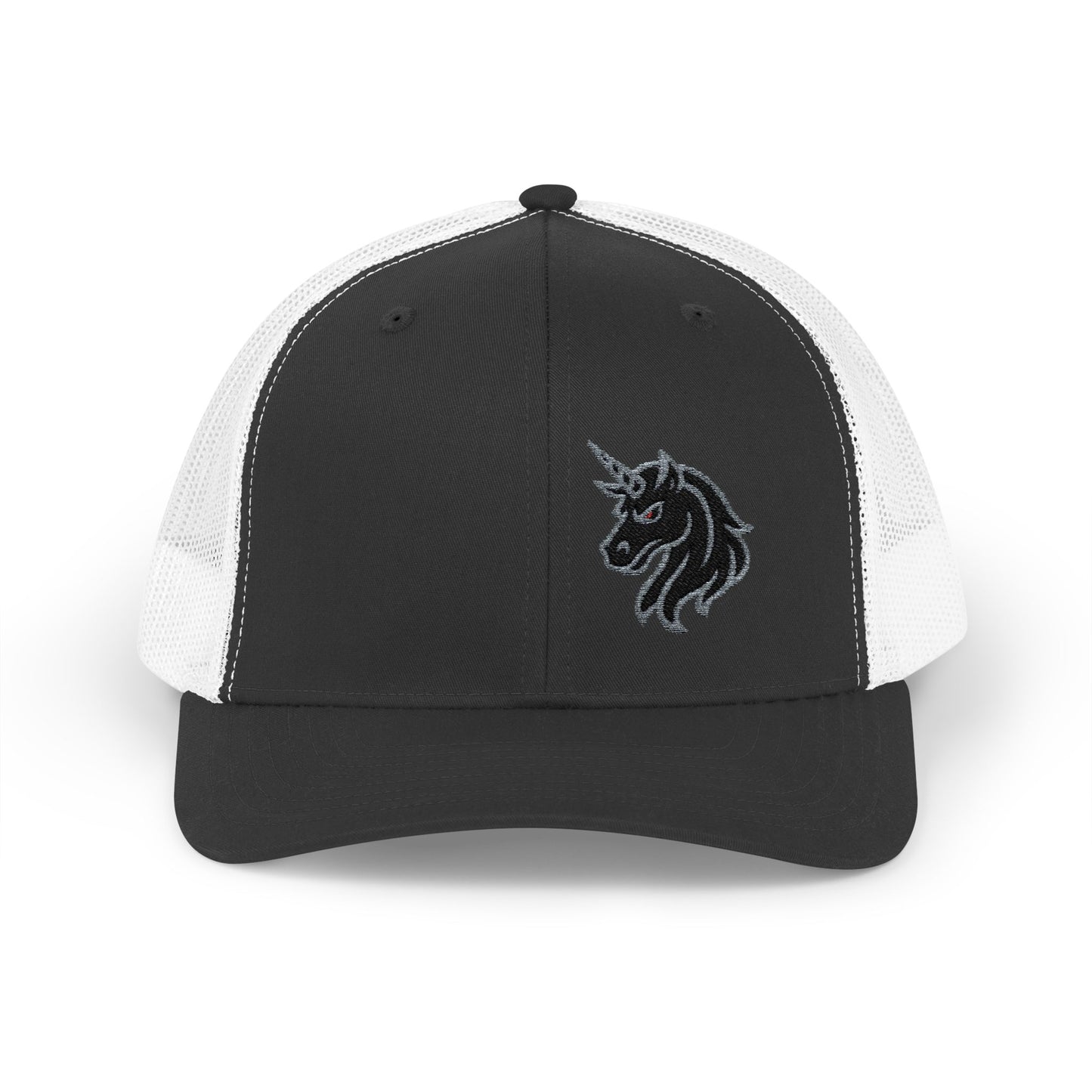 Angry Unicorn Trucker Hat – Embroidered Gothic Fantasy Hat with Red Eyes and Fierce Horned Design