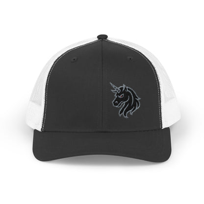 Angry Unicorn Trucker Hat – Embroidered Gothic Fantasy Hat with Red Eyes and Fierce Horned Design