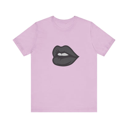 Dark Lips Graphic T-Shirt – Dark Theme Grayscale Biting Lip Design on Black Tee with Subtle Seduction and Modern Ghost Effect. Unisex Jersey Short Sleeve Tee