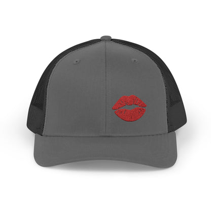 Red Lips Trucker Hat – Embroidered Pop Art Hat with Kiss Design