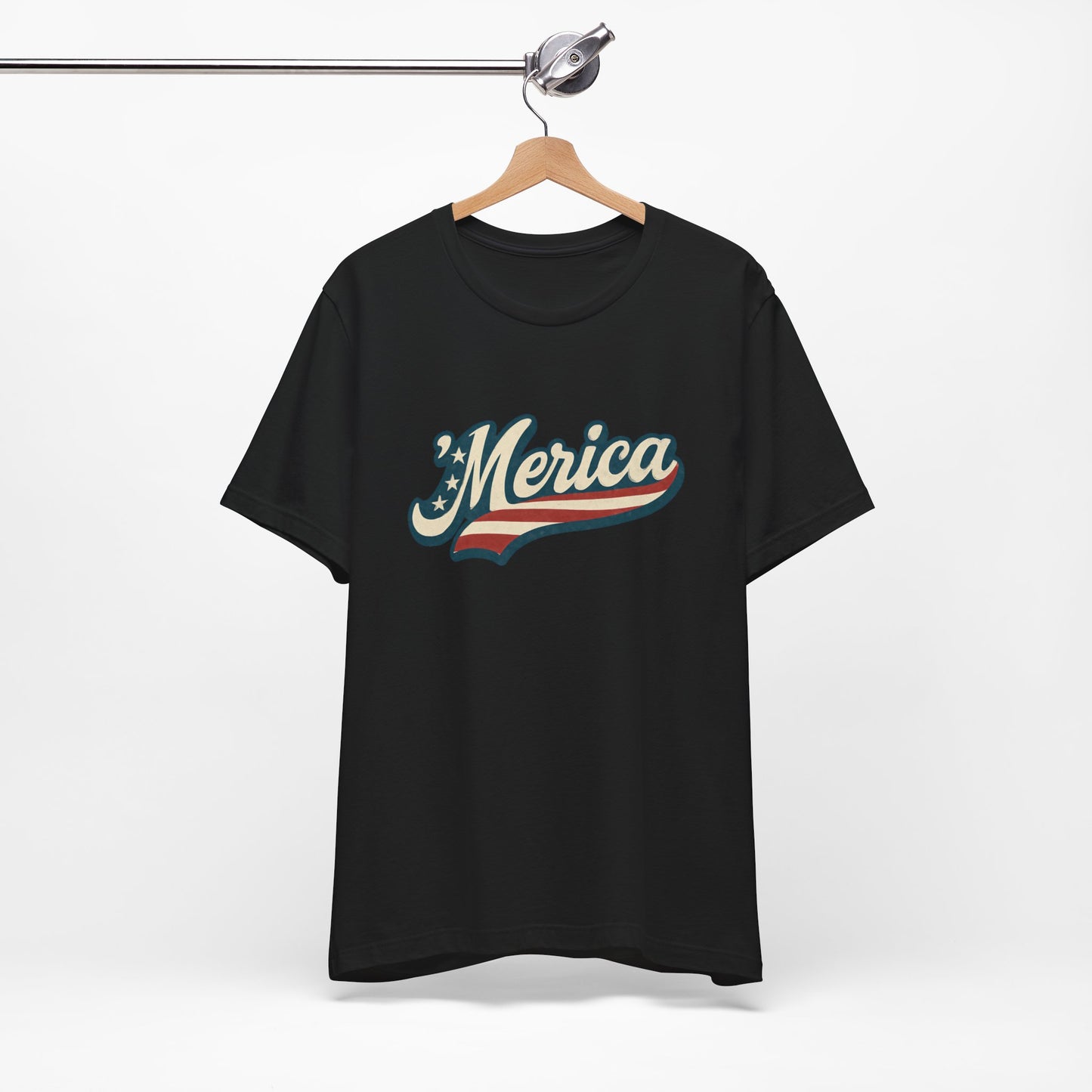 'Merica Vintage Script Shirt – Patriotic Retro USA Tee for 4th of July – Independence Day American Pride Design. Unisex Jersey Short Sleeve Tee