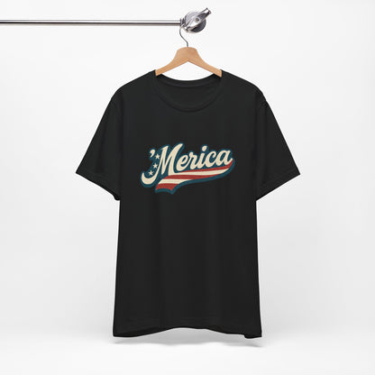 'Merica Vintage Script Shirt – Patriotic Retro USA Tee for 4th of July – Independence Day American Pride Design. Unisex Jersey Short Sleeve Tee