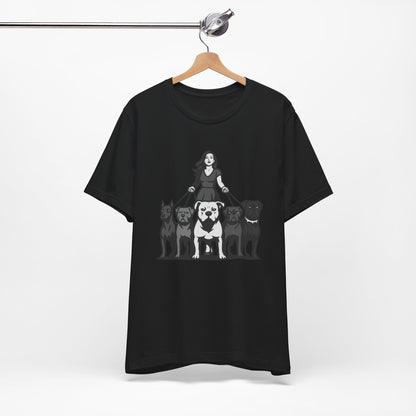 Alpha Woman with Dog Pack Graphic Tee Dark Theme – Confident Dog Walker Vector Design
