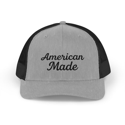 American Made Trucker Hat – Embroidered Patriotic Hat with Retro Script for USA Pride and Everyday Freedom. Black Letters
