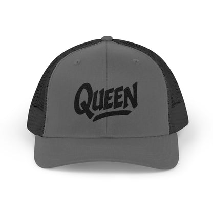 Queen Trucker Hat – Embroidered Crown Hat for Confident Women. Black Letters