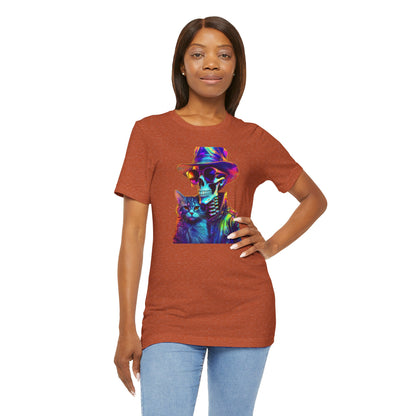 Cool Skeleton and Cat Halloween Shirt – Neon Retro Horror Graphic Tee for Spooky Style and Cat Lovers