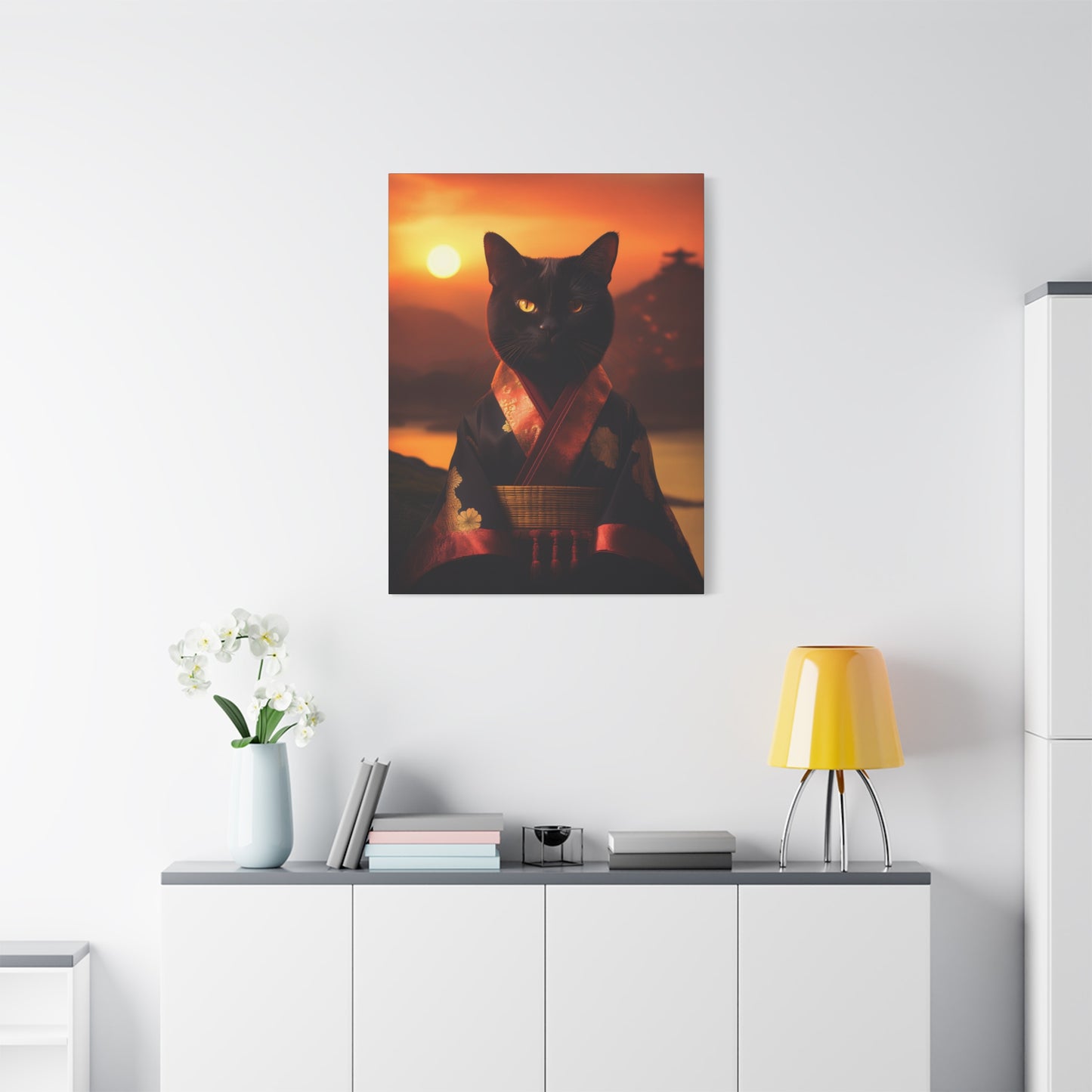 Zen Whiskers: Geisha Cat at Sunset Canvas Art | Stretched Matte Wall Decor 002