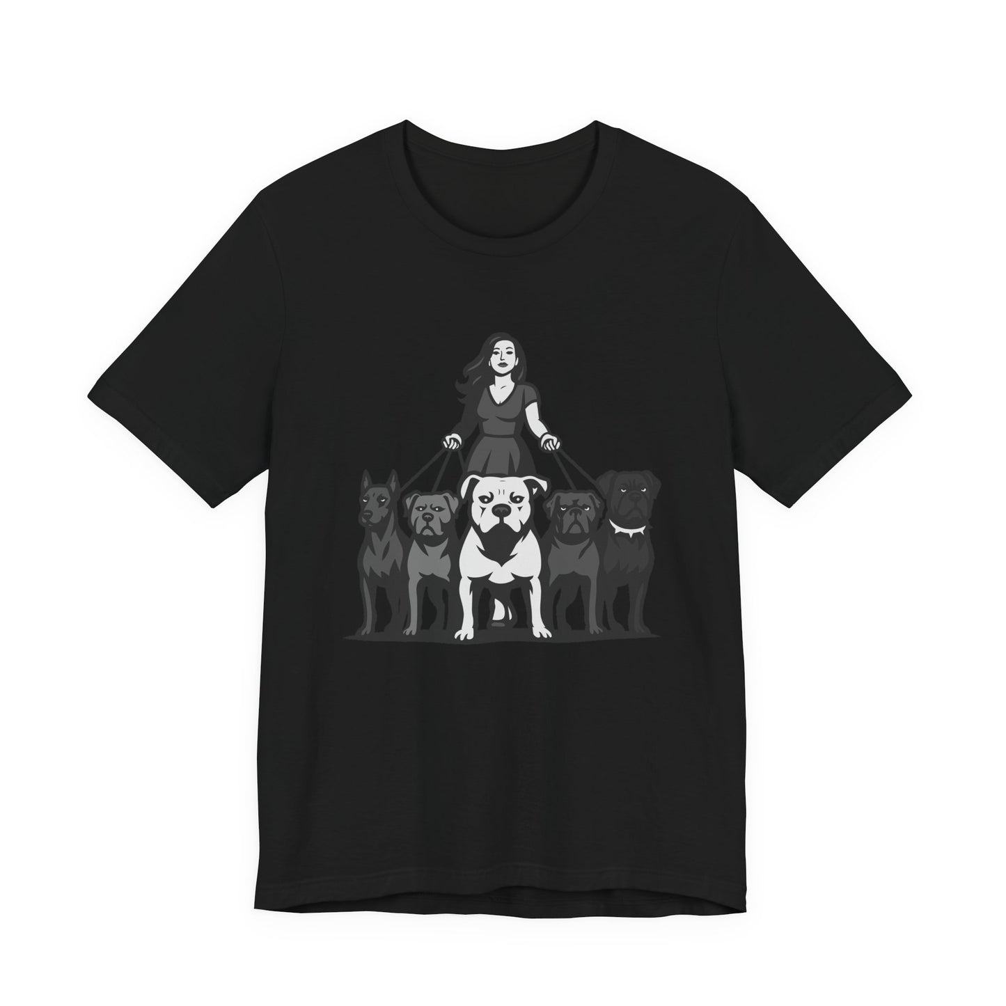 Alpha Woman with Dog Pack Graphic Tee Dark Theme – Confident Dog Walker Vector Design