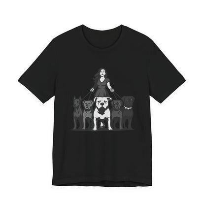 Alpha Woman with Dog Pack Graphic Tee Dark Theme – Confident Dog Walker Vector Design