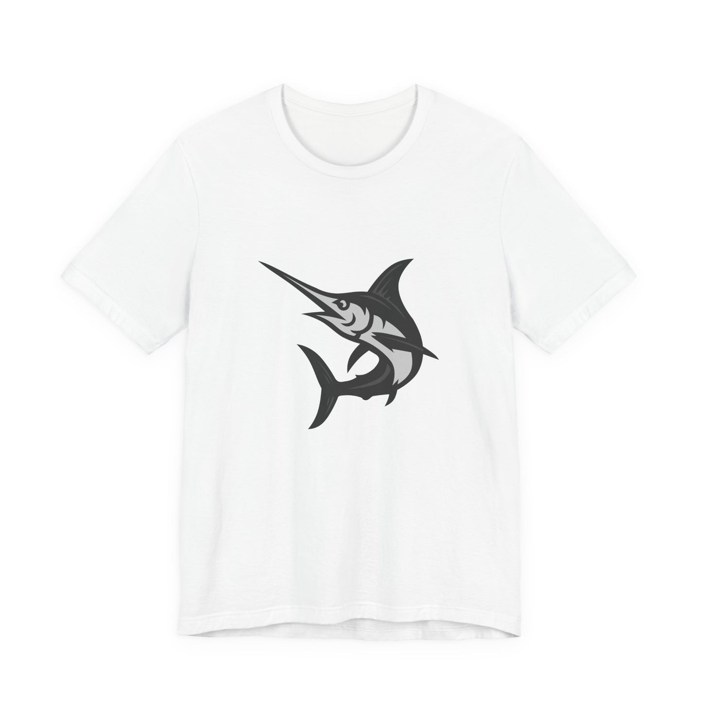 Swordfish Graphic T-Shirt – Dark Theme Grayscale Ocean Predator Design on Black Tee with Streamlined Power and Modern Ghost Effect. Unisex Jersey Short Sleeve Tee