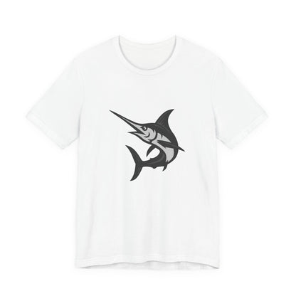Swordfish Graphic T-Shirt – Dark Theme Grayscale Ocean Predator Design on Black Tee with Streamlined Power and Modern Ghost Effect. Unisex Jersey Short Sleeve Tee