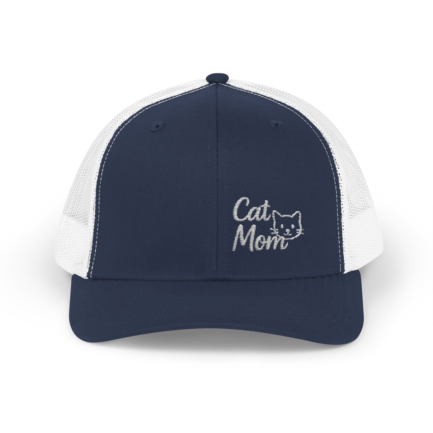 Cat Mom Trucker Hat – Embroidered Minimalist Cat Face Hat for Proud Pet Moms and Stylish Feline Fans. White letters