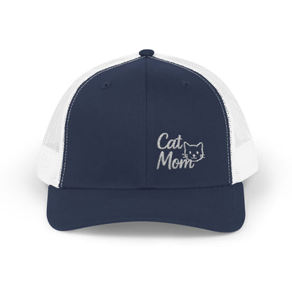 Cat Mom Trucker Hat – Embroidered Minimalist Cat Face Hat for Proud Pet Moms and Stylish Feline Fans. White letters