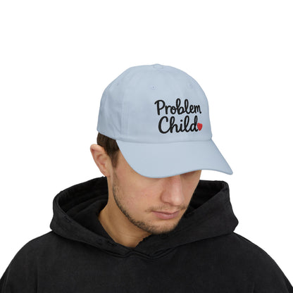 Problem Child Embroidered Classic Dad Hat – Bold Script Baseball Hat with Red Heart for the Unruly and Unapologetic. Black Letters