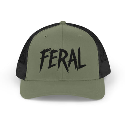 FERAL Embroidered Trucker Hat – Bold Statement Baseball Hat with Wild Energy Font for Rebels, Misfits, and Chaos Enthusiasts