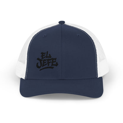 El Jefe Trucker Hat – Embroidered Bold Text Hat for Boss Energy, Leadership Style, and Latin Flair. Black Letters