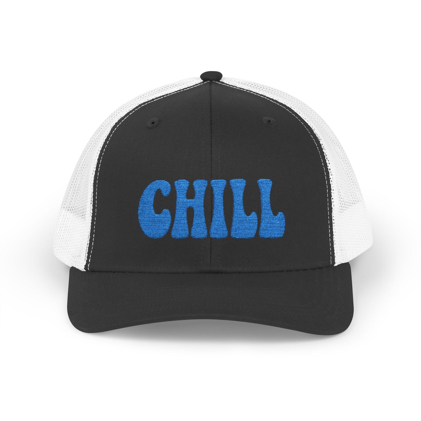 Chill Trucker Hat – Embroidered Relaxed Script Hat for Easygoing Vibes and Everyday Cool. Blue Letters