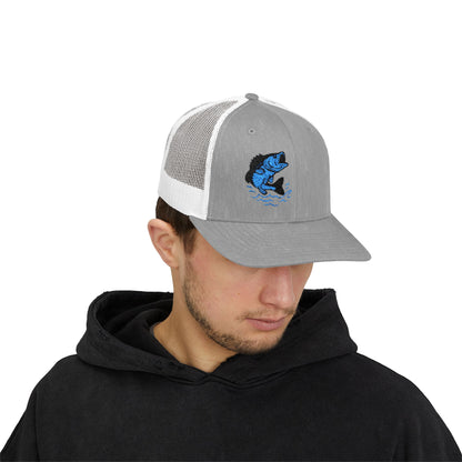 Jumping Fish Trucker Hat – Embroidered Blue Fishing Hat for Anglers, Lake Days, and Outdoor Style