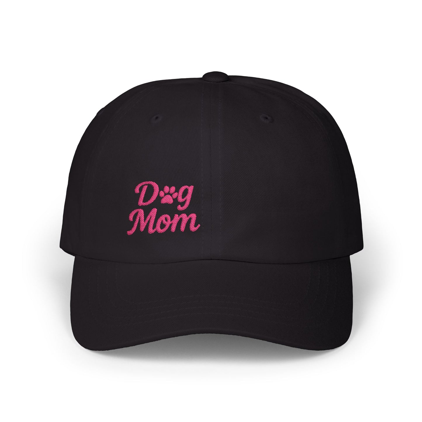 Dog Mom Classic Dad Hat – Embroidered Minimalist Dog Face Hat for Proud Pet Moms and Canine Queens. Pink Letters