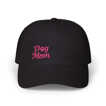 Dog Mom Classic Dad Hat – Embroidered Minimalist Dog Face Hat for Proud Pet Moms and Canine Queens. Pink Letters