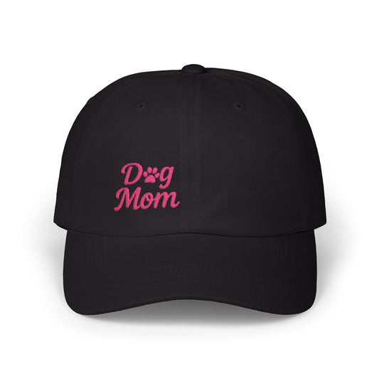 Dog Mom Classic Dad Hat – Embroidered Minimalist Dog Face Hat for Proud Pet Moms and Canine Queens. Pink Letters
