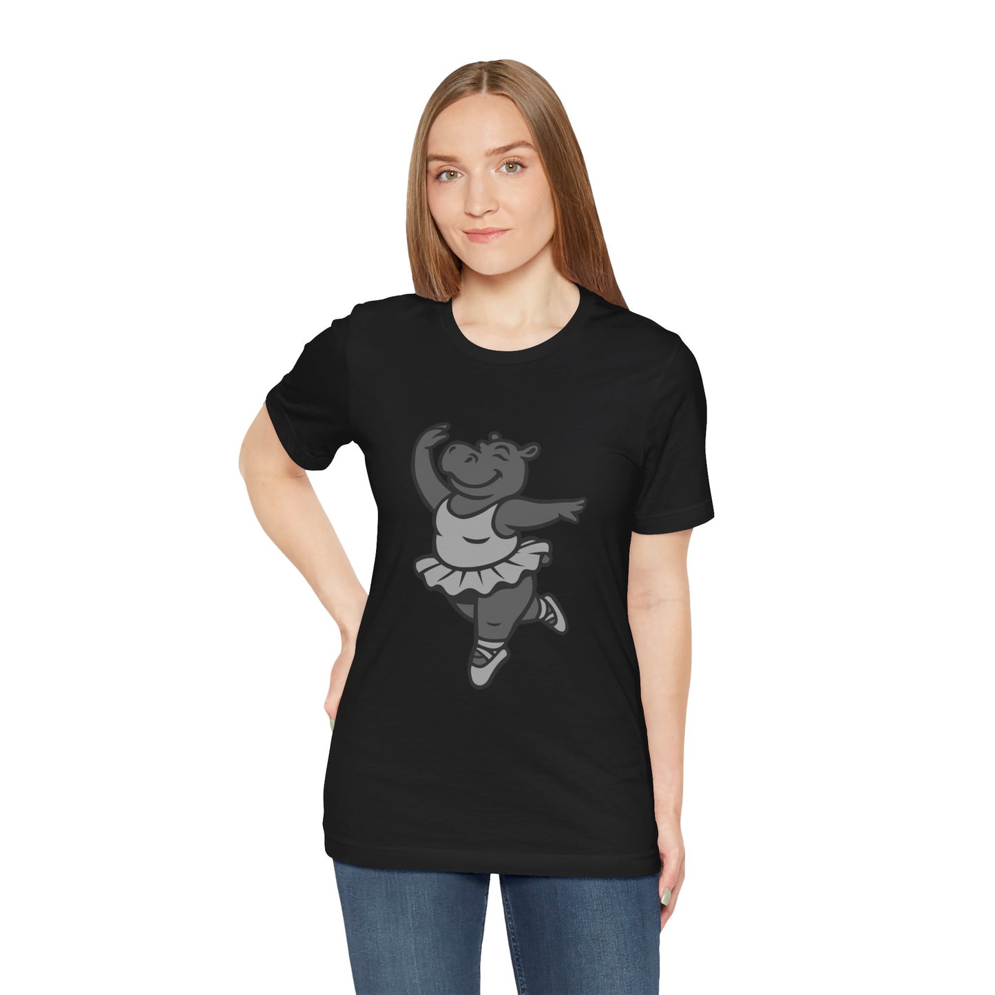 Dancing Hippo Graphic Tee Dark Theme – Funny Ballet Hippo Vector Design with Playful Energy